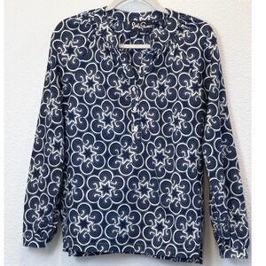 Lesley Evers Navy White Geometric Swirl Star Cotton Blouse Top Womens Medium
